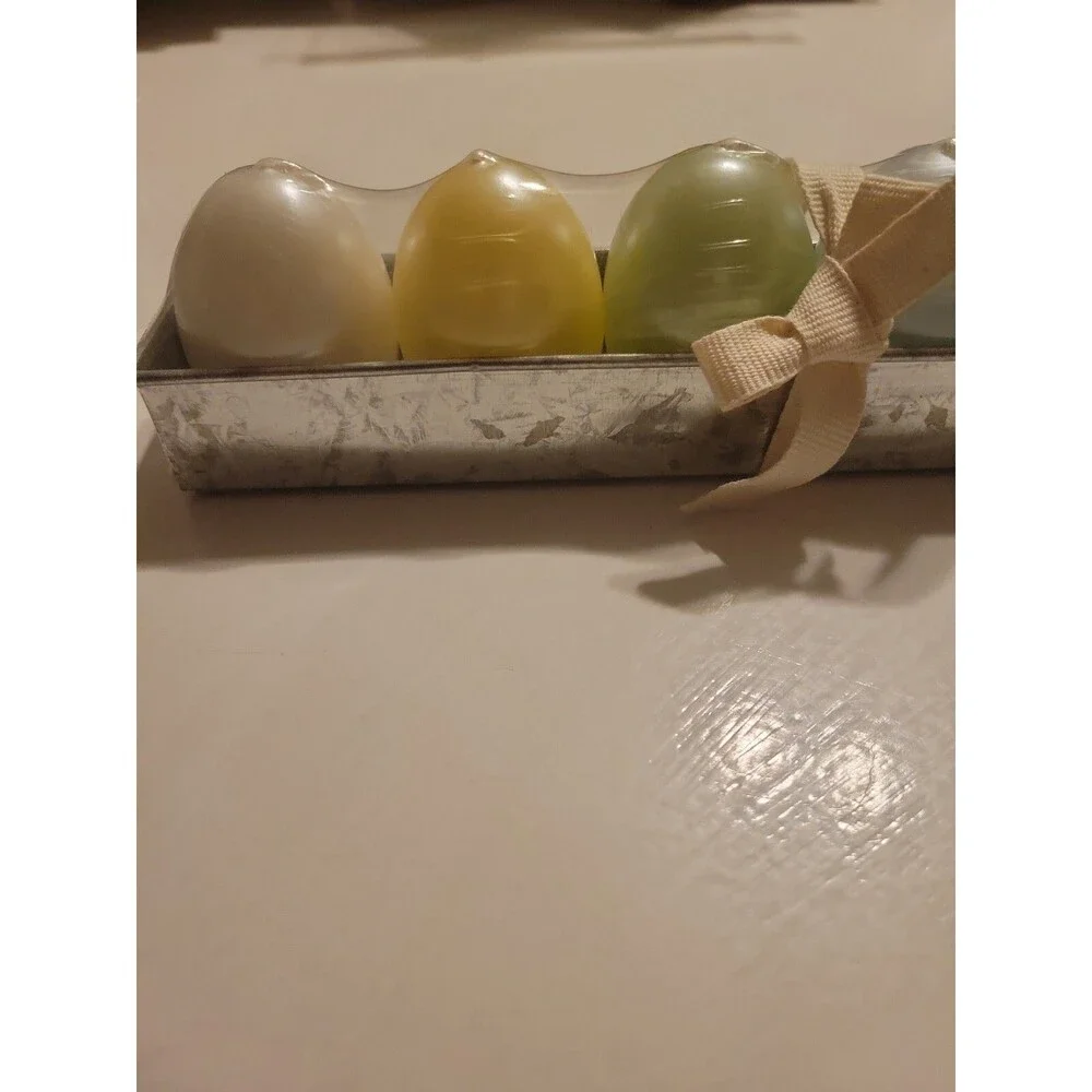 Pottery Barn Set Of 6 Egg Candles In Galvanized Tin Tray- NEW Retired RARE
